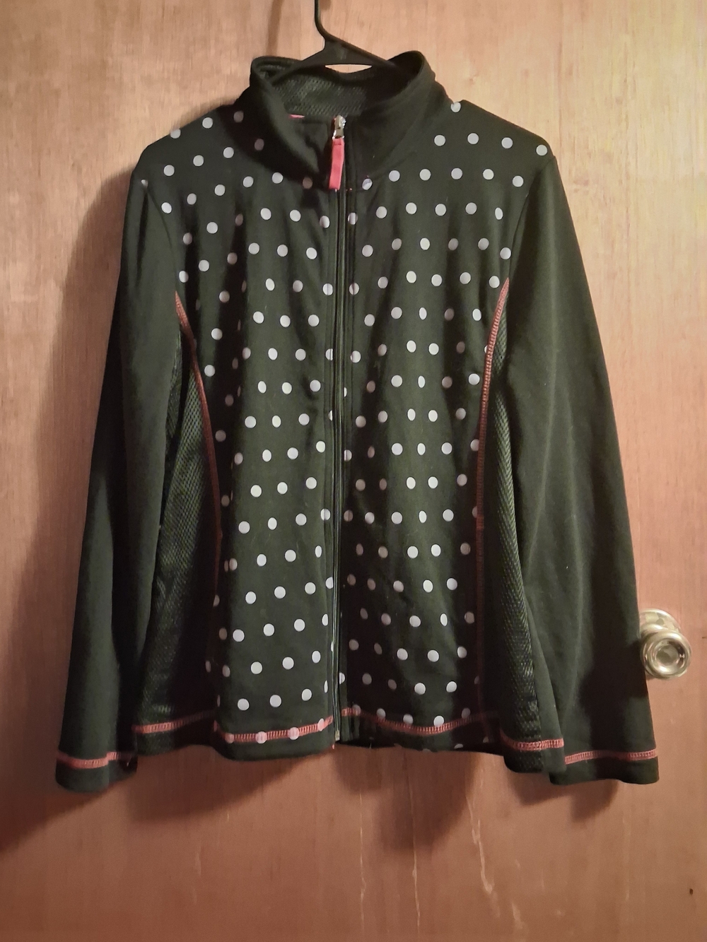 ONQUE Women’s Black Polka Dot Full‑Zip Jacket with Red Trim